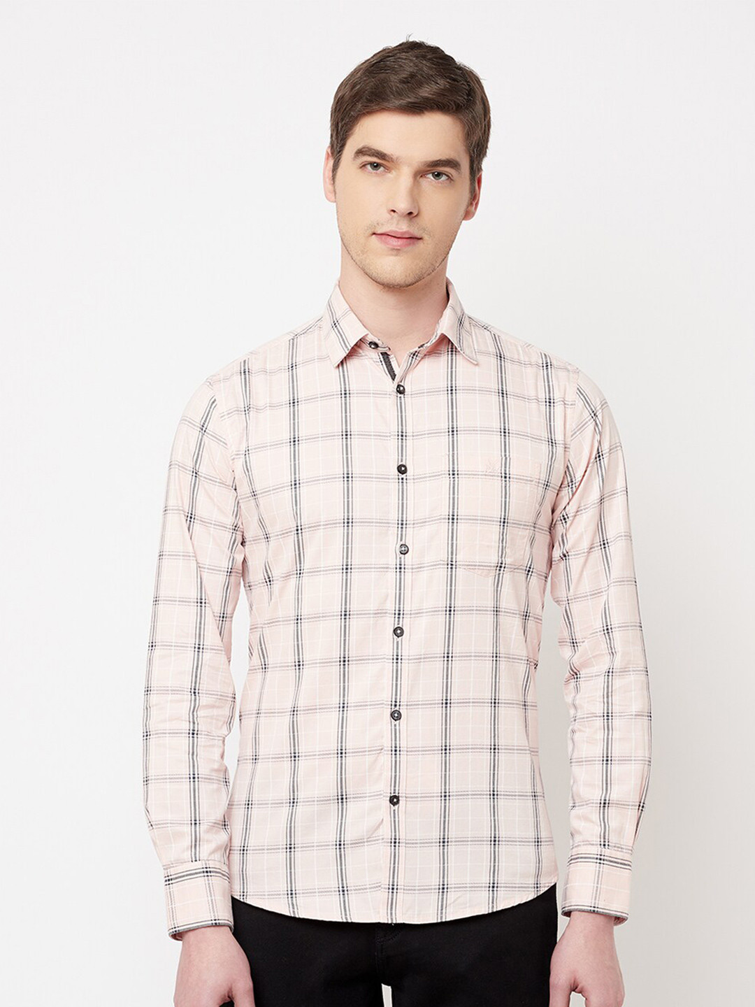 Crimsoune Club Men Peach-Coloured Slim Fit Checked Pure Cotton Casual Shirt