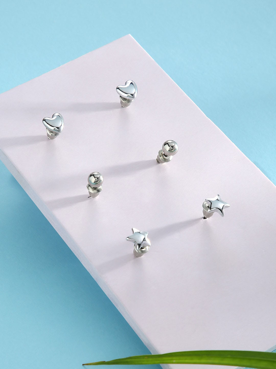 justpeachy Set Of 3 Silver-Plated Contemporary Studs Earrings