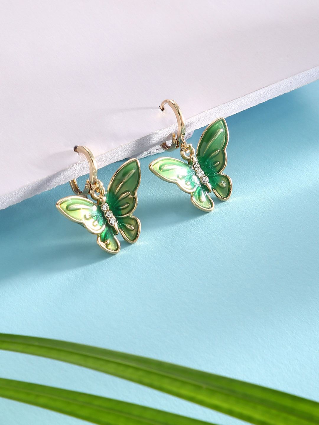 justpeachy Green & Gold-Plated Stone Studded Contemporary Drop Earrings