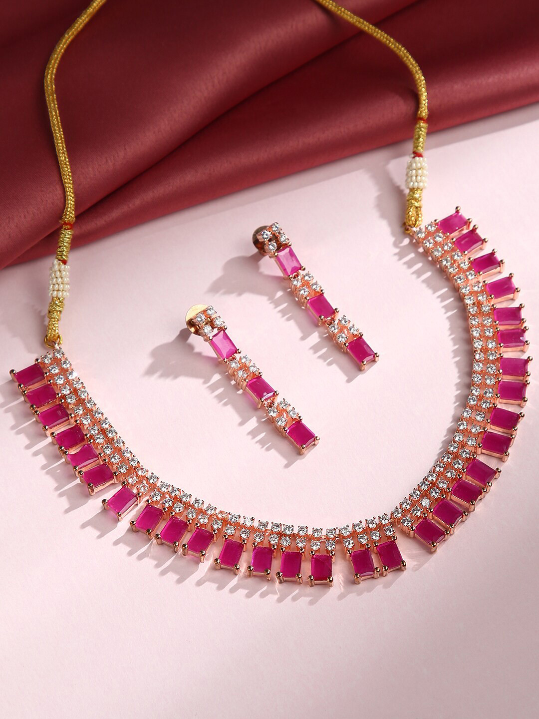 justpeachy Gold-Plated Magenta & White Stone-Studded Jewellery Set