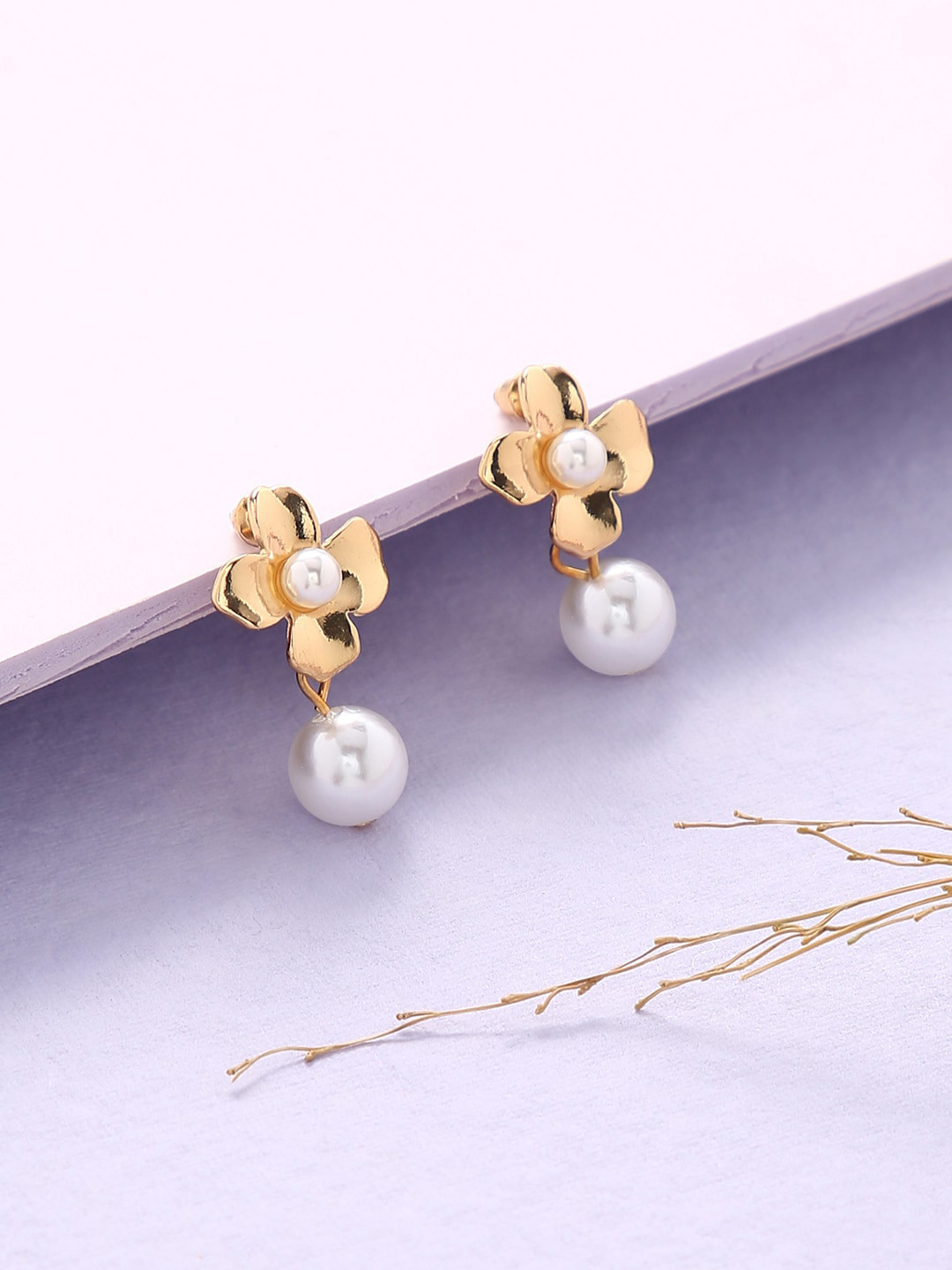 justpeachy Gold-Toned & White Contemporary Drop Earrings