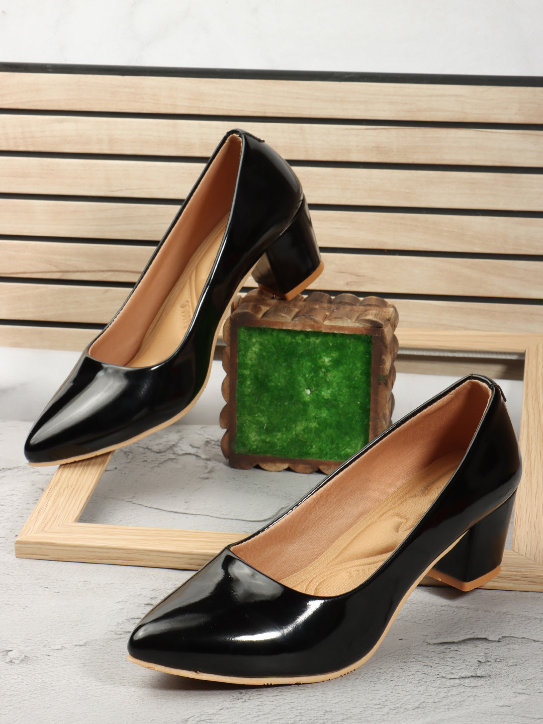 Denill Black Pointed Toe Block Pumps