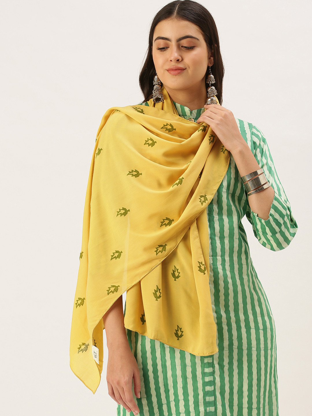 ASVA Women Mustard Yellow Printed Cotton Stole