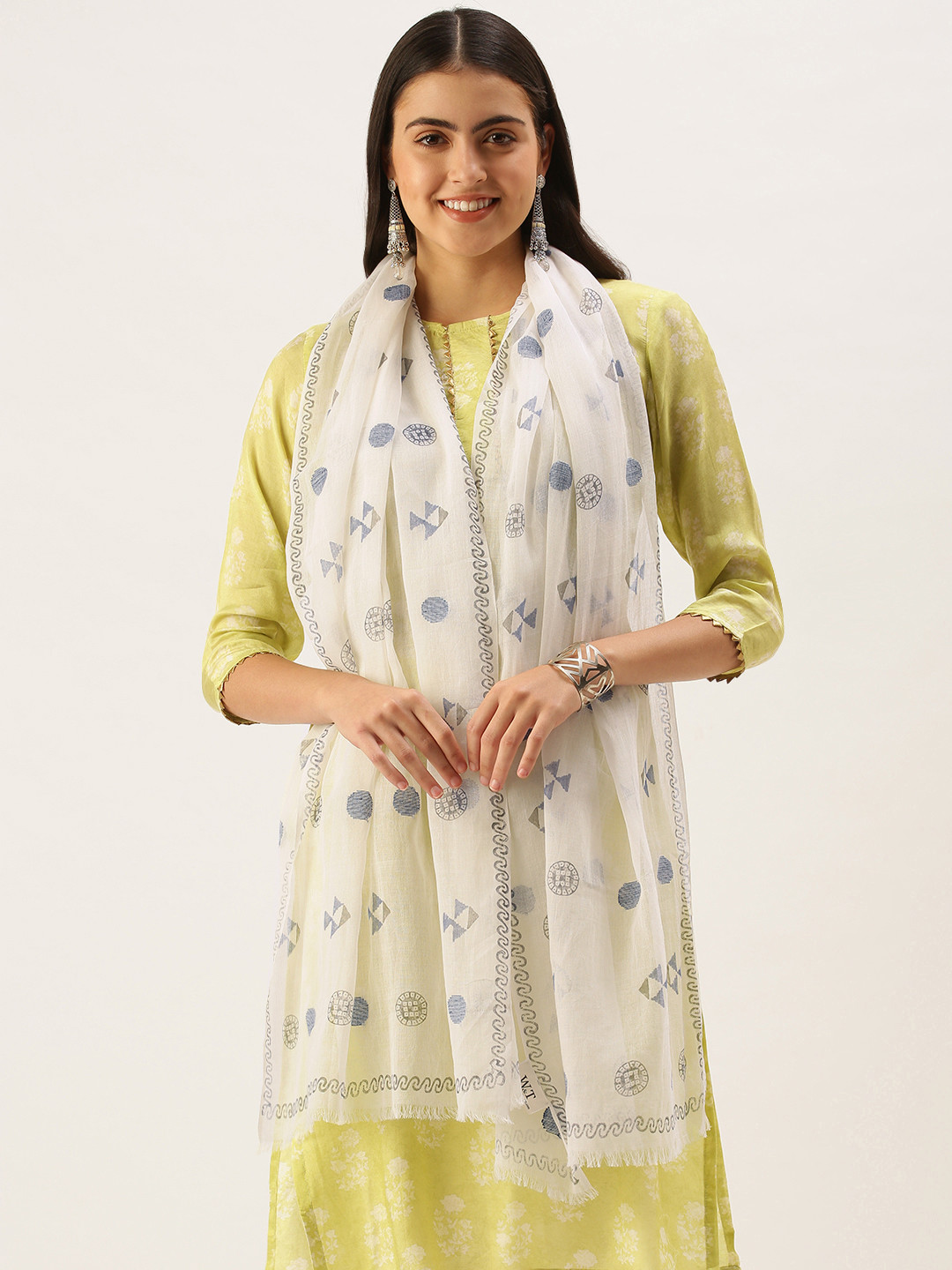 ASVA Women White & Blue Printed Pure Cotton Stole