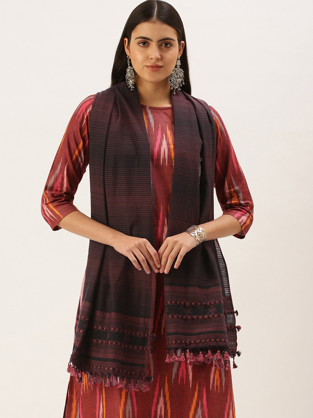 ASVA Women Black & Rust Brown Pure Cotton Solid Scarf