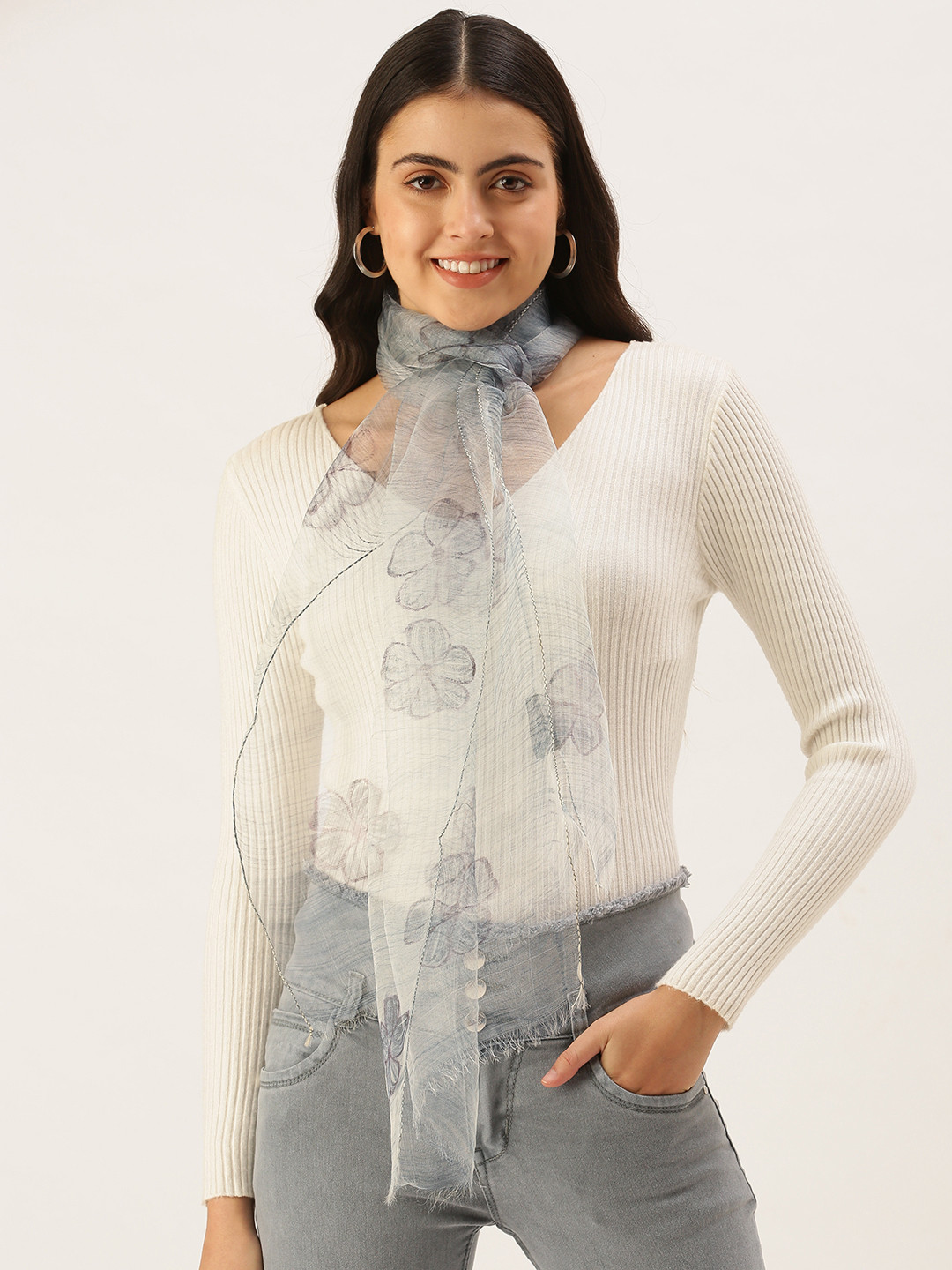 ASVA Women Grey Printed Silk Scarf