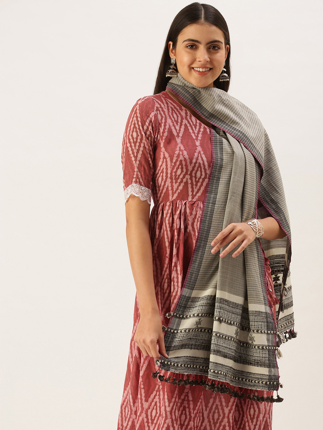 ASVA Women Beige & Brown Embroidered Scarf