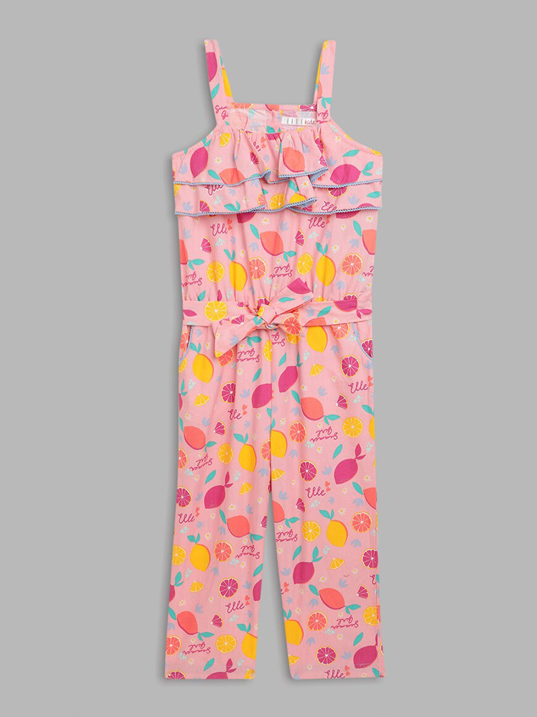 ELLE Girls Cotton Pink & Orange Printed Ruffled Basic Jumpsuit