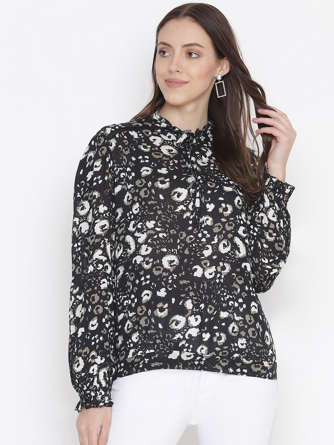 Oxolloxo Black Print Tie-Up Neck Crepe Shirt Style Top