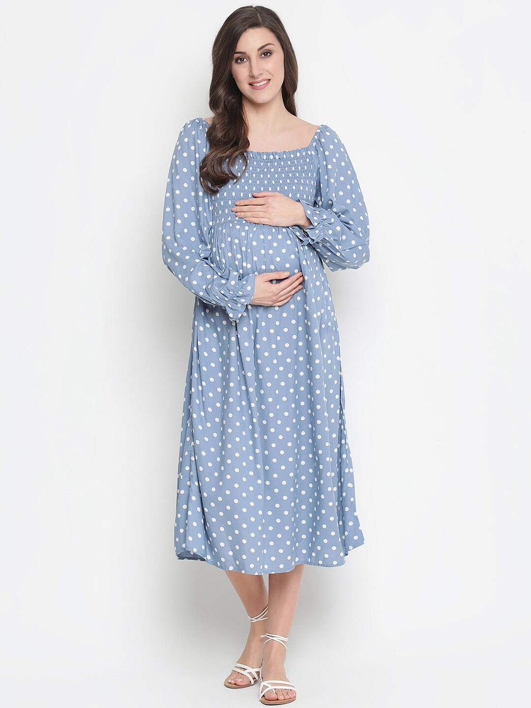Oxolloxo Women Blue Crepe Smocked Maternity Midi Dress