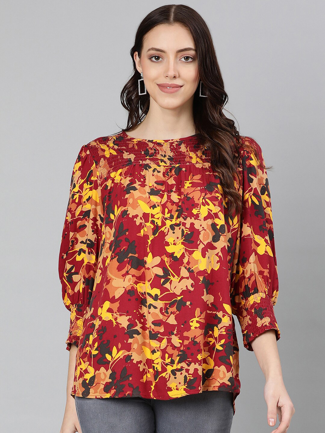 Oxolloxo Red & Yellow Floral Print Crepe Blouson Smocked Top