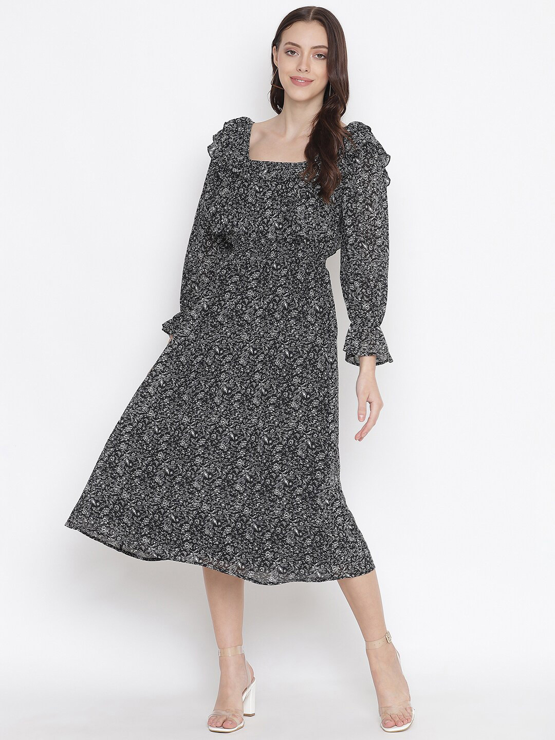 Oxolloxo Black Floral A-Line Midi Dress
