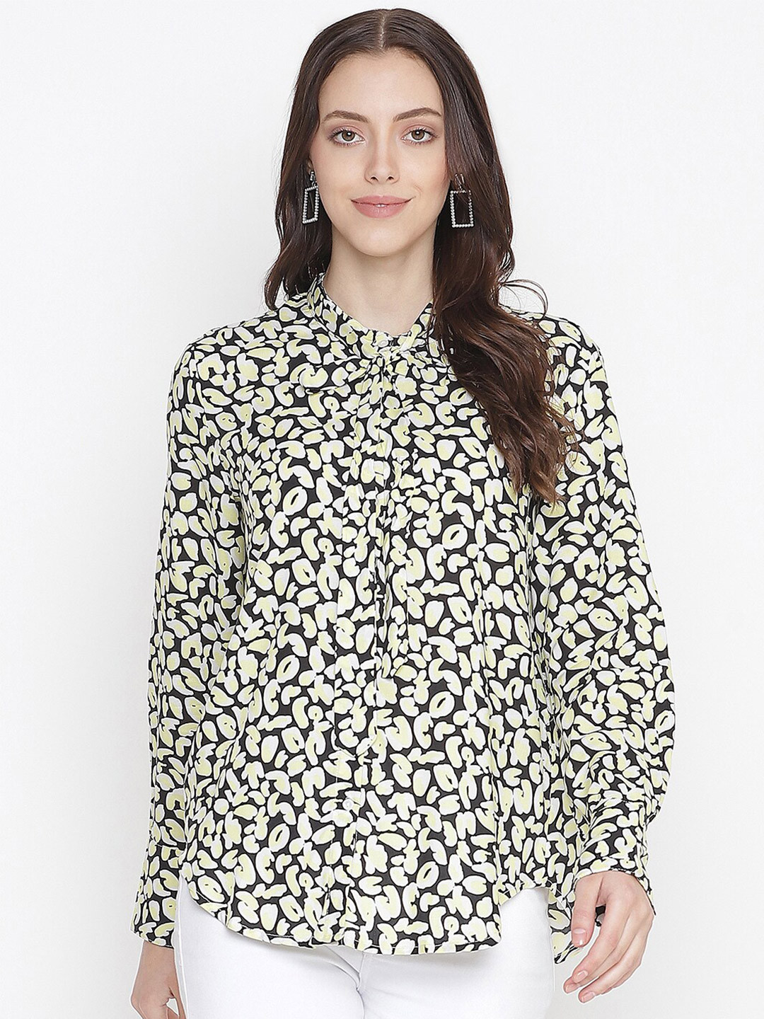 Oxolloxo Women Yellow & Black Print Tie-Up Neck Crepe Shirt Style Top