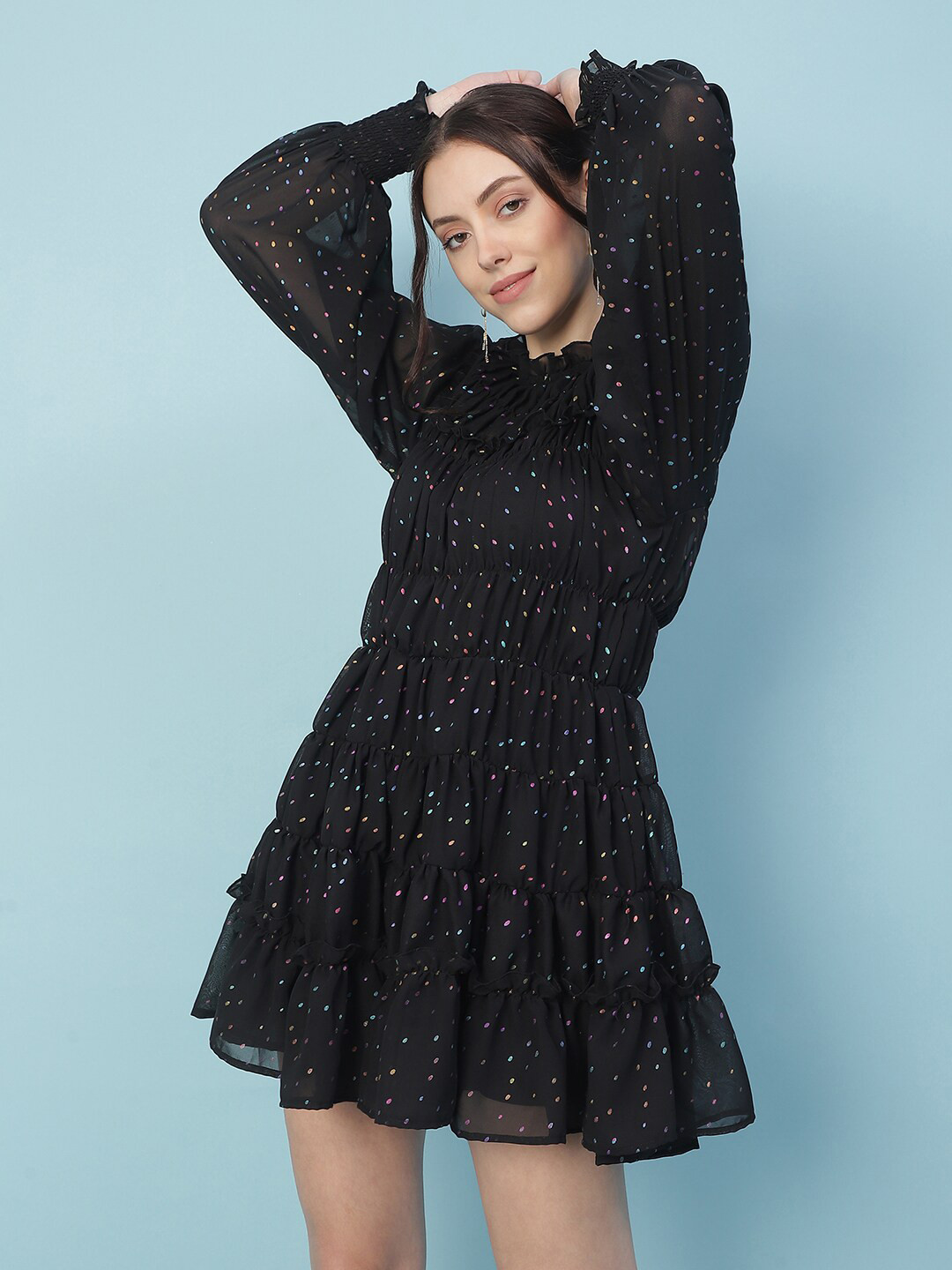 Oxolloxo Women Black Ruched Satin Tiered Mini Dress