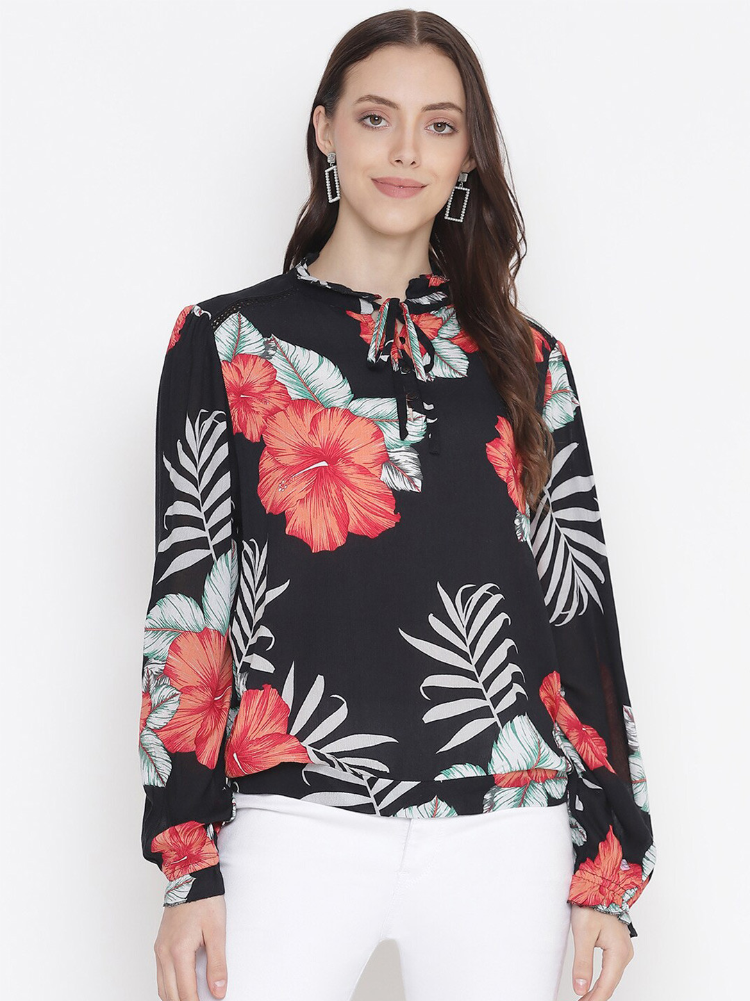 Oxolloxo Black & Red Floral Print Tie-Up Neck Crepe Top