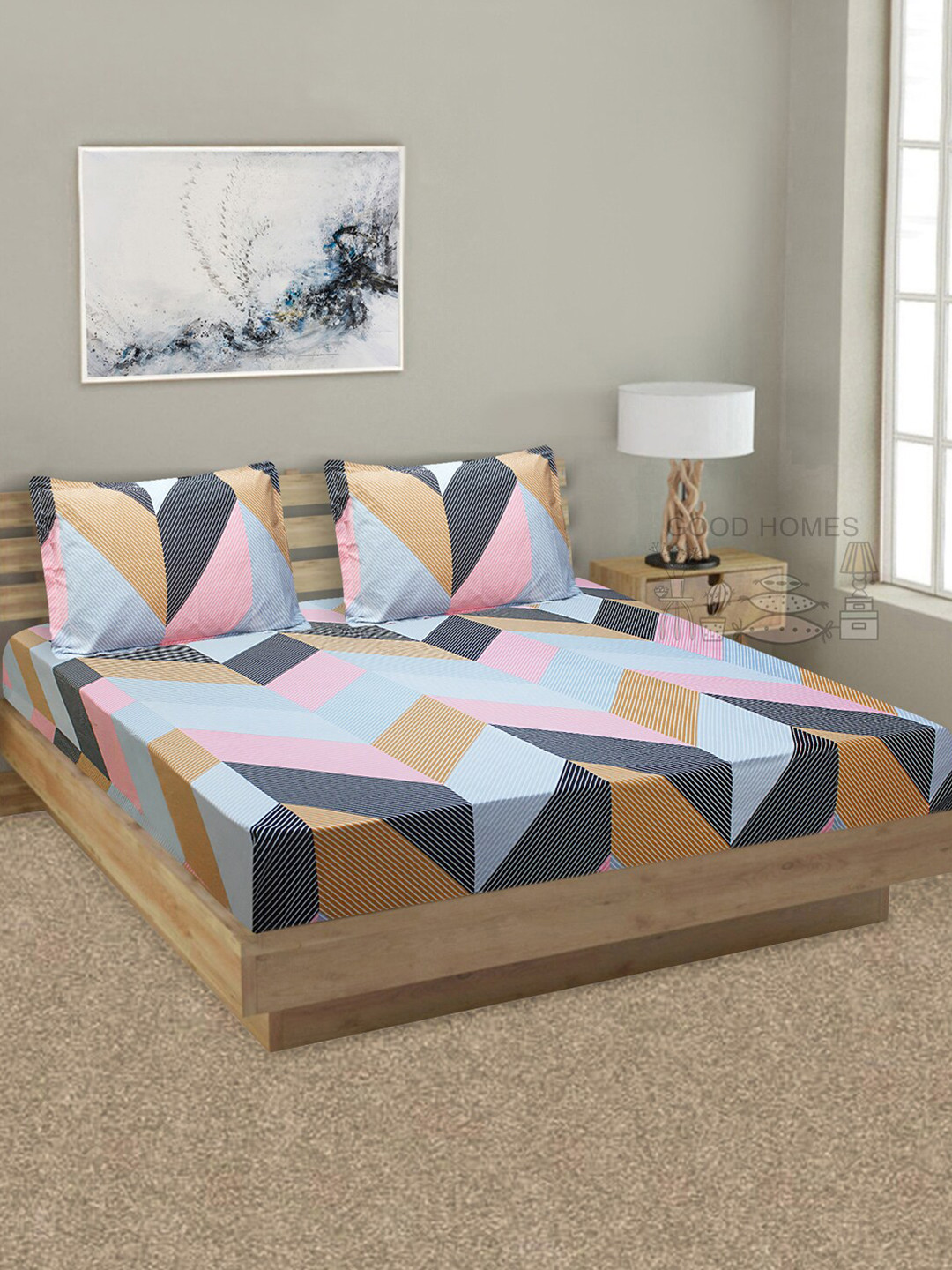Good Homes by Home Candy Beige Abstract Cotton 144 TC King Bedsheet with 2 Pillow Covers-108 x 108 inches