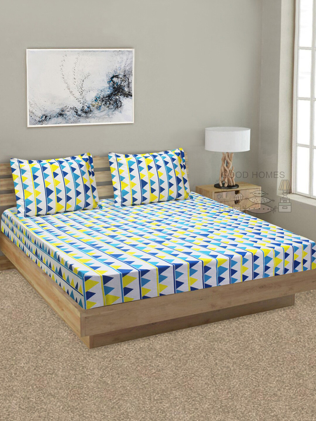 Good Homes by Home Candy White Geometric Cotton 144 TC King Bedsheet with 2 Pillow Covers-108 x 108 inches