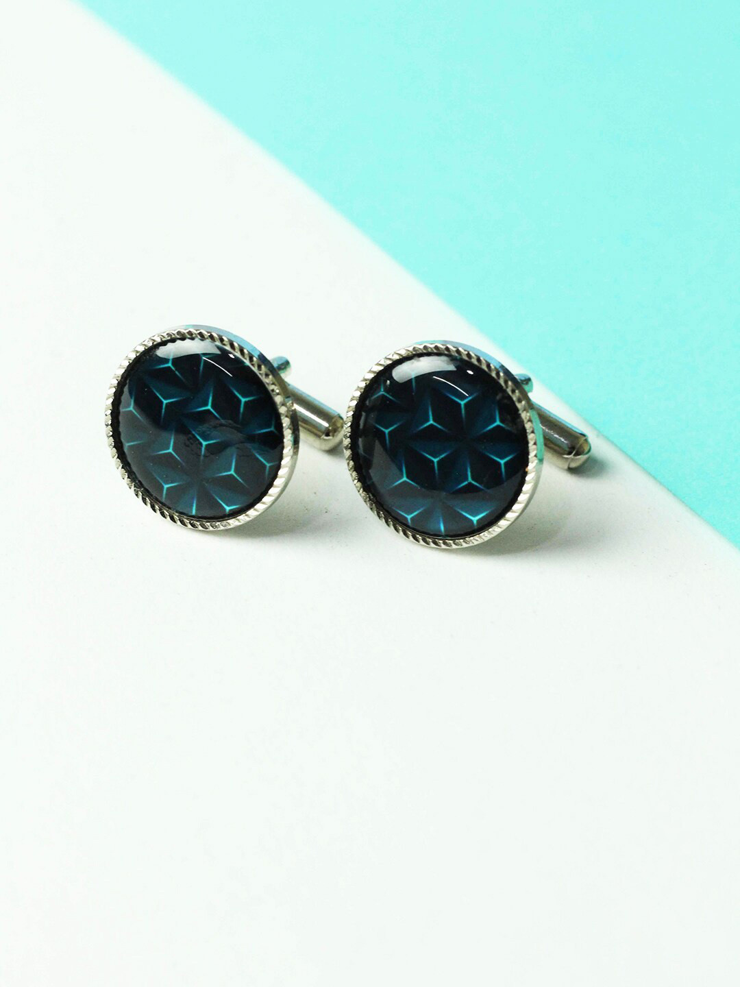 Tossido Blue & Gold-Toned Printed Design Metal Cufflink