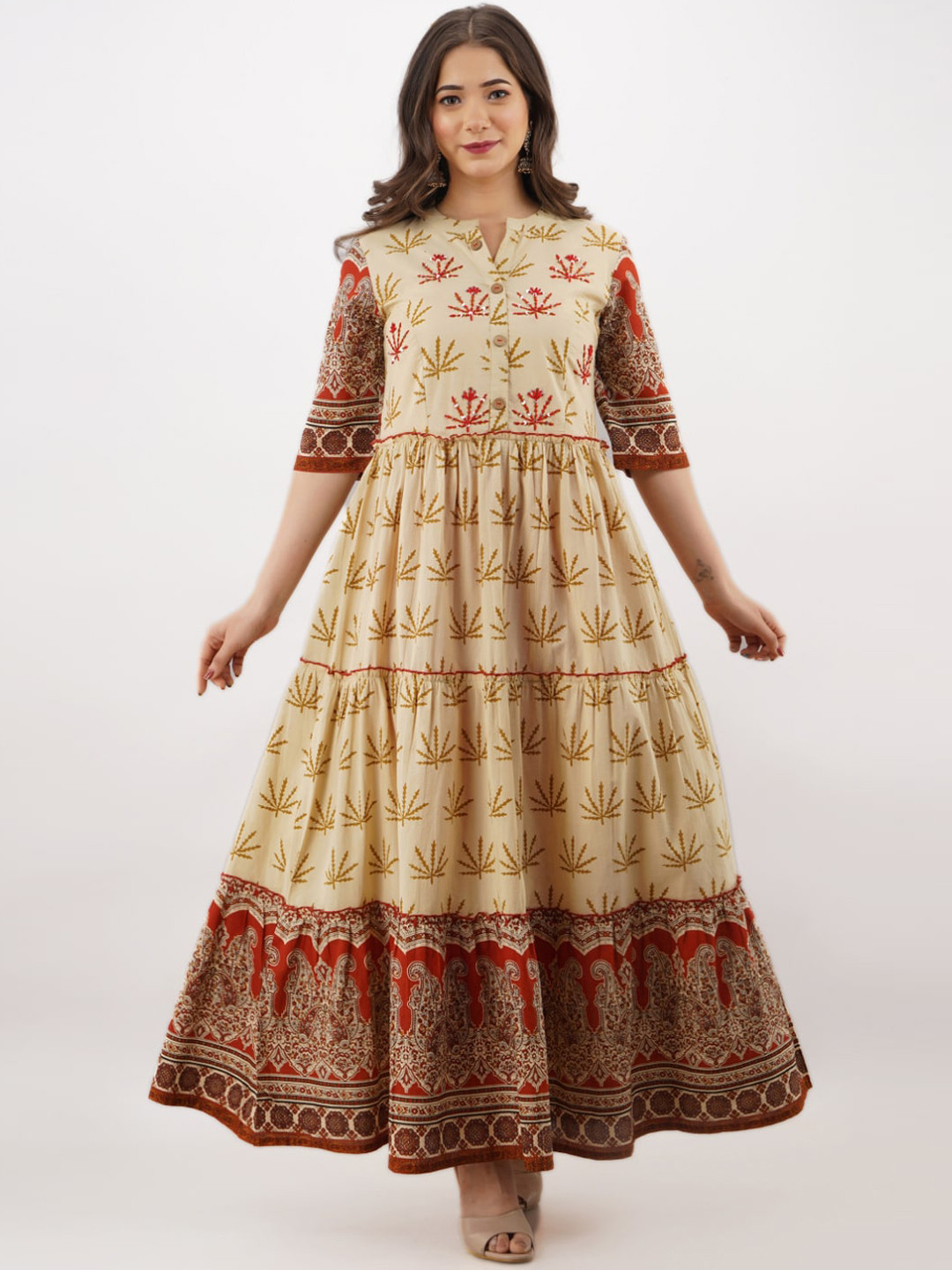 MYAZA Women Beige & Red Ethnic Motifs Printed Anarkali Kurta