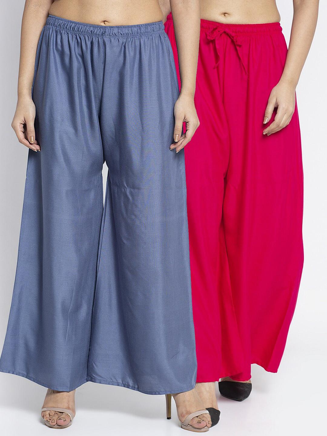Jinfo Women Set of 2 Grey & Magenta Flared Knitted Ethnic Palazzos