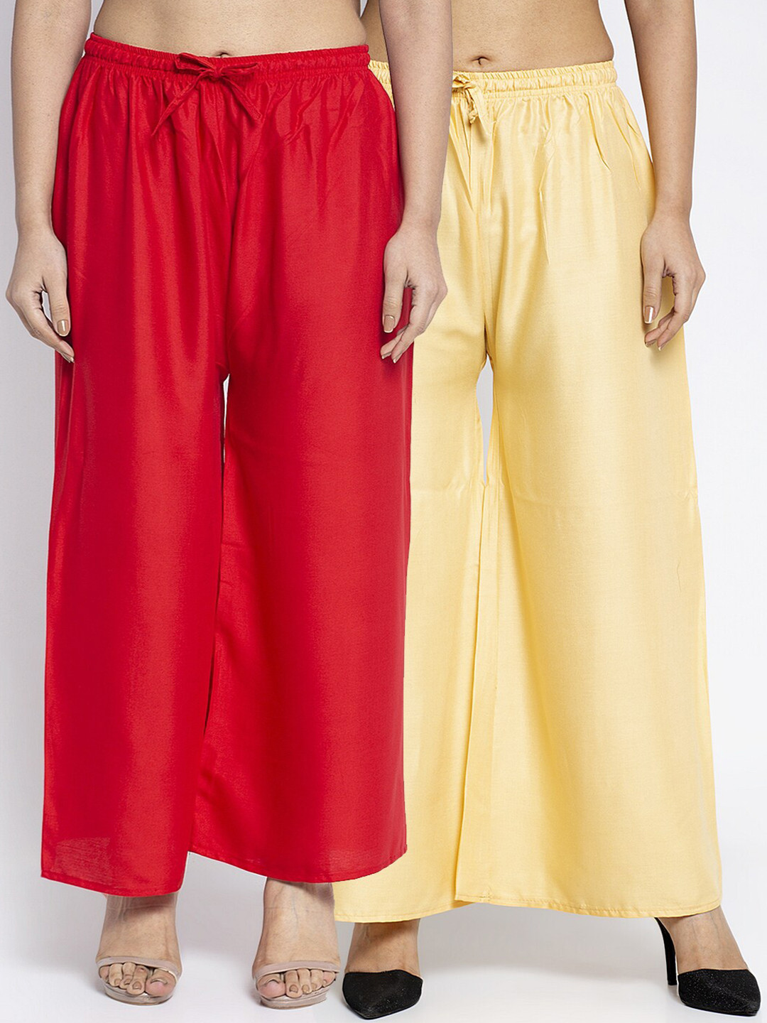 Jinfo Set Of 2 Women Red & Beige Flared Knitted Ethnic Palazzos