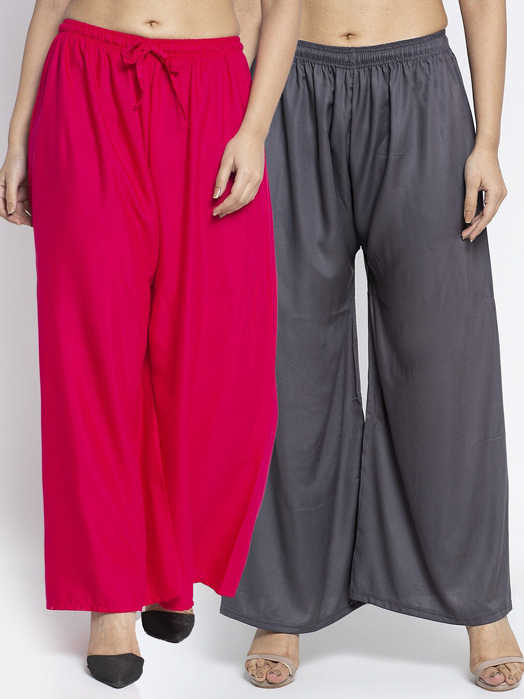 Jinfo Women Set of 2 Pink & Grey Flared Knitted Palazzos