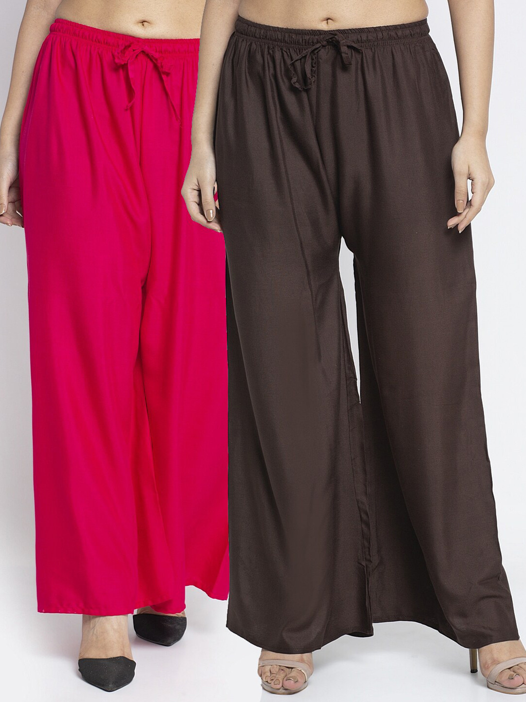 Jinfo Women Pink & Coffee Brown Set Of 2 Solid Flared Fit Palazzo