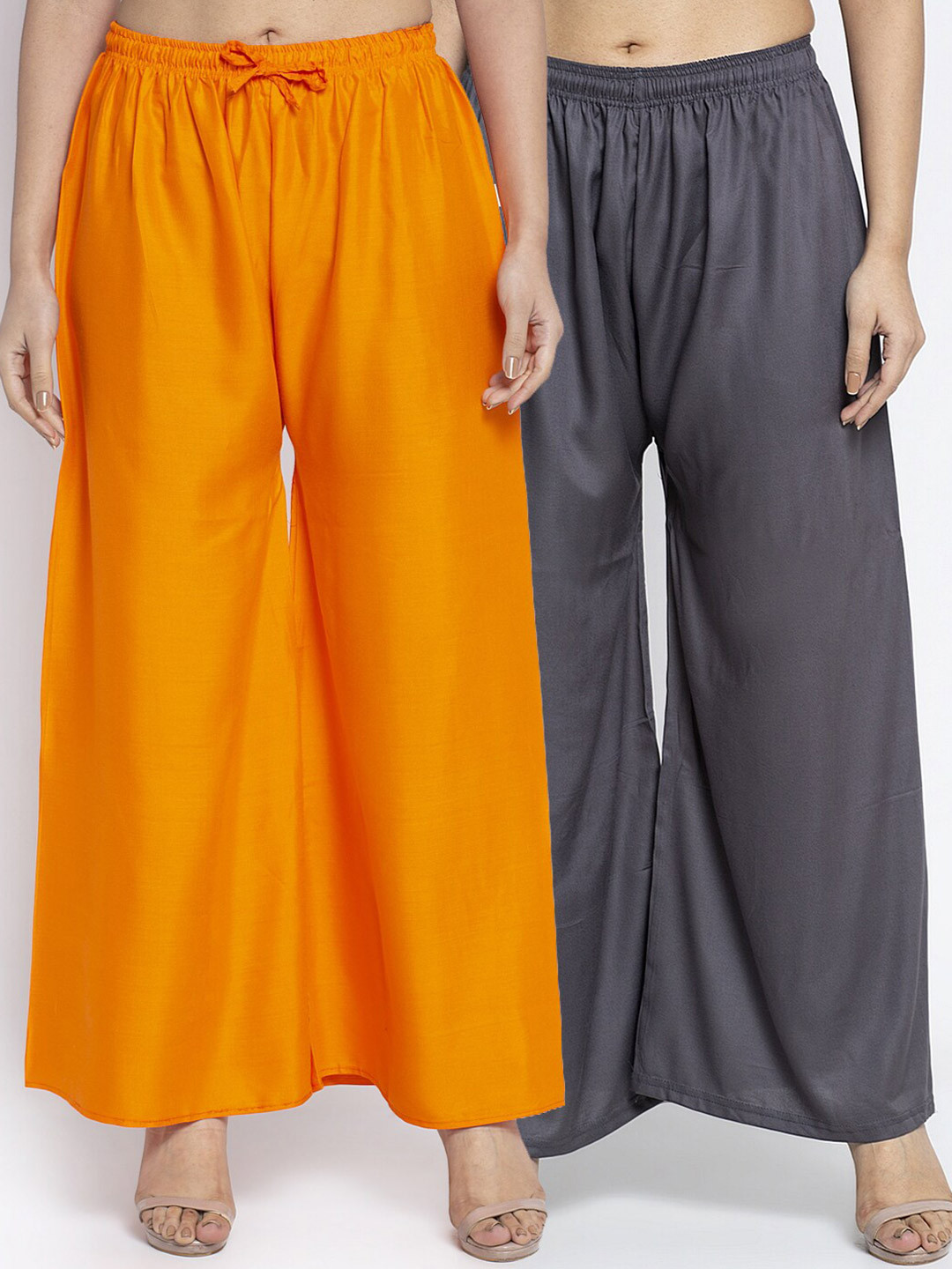 Jinfo Women Pack Of 2 Orange & Grey Flared Knitted Palazzos