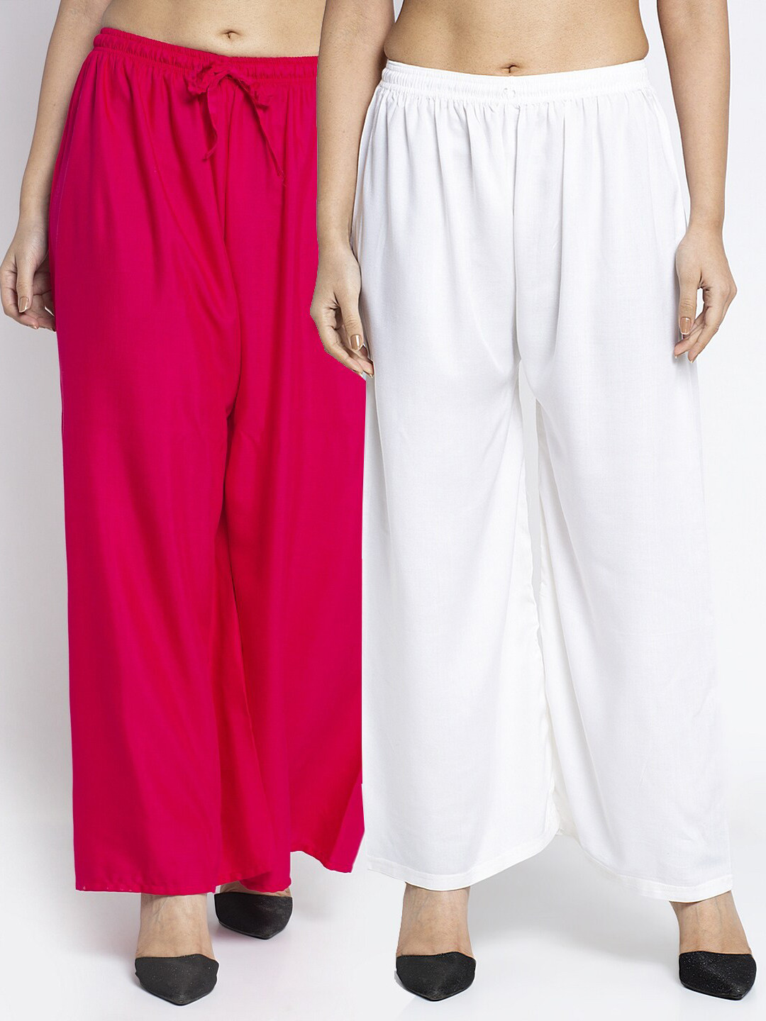 Jinfo Women Set of 2 Pink & White Flared Knitted Ethnic Palazzos
