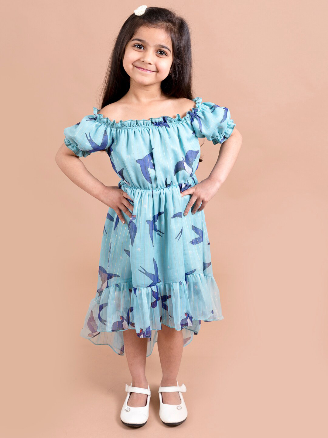 pspeaches Girls Blue Conversational Printed Off-Shoulder High-Low Fit & Flare Dress