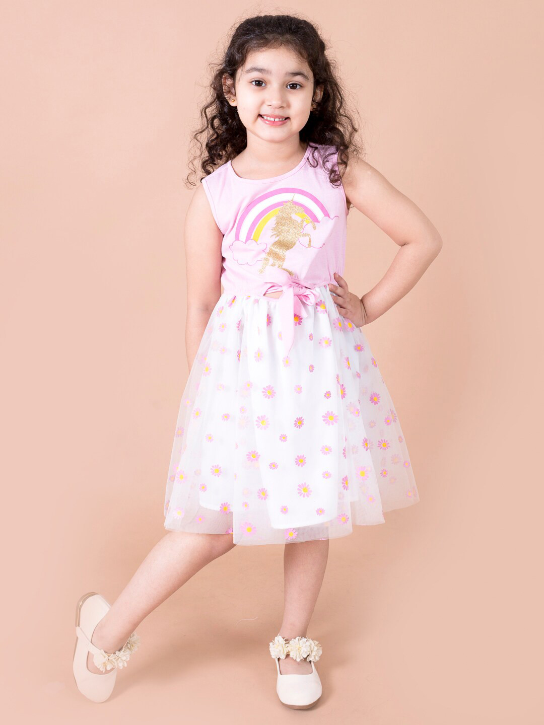 Pspeaches Girls White And Pink Polka Cotton Jersey Net Fit & Flare Dress