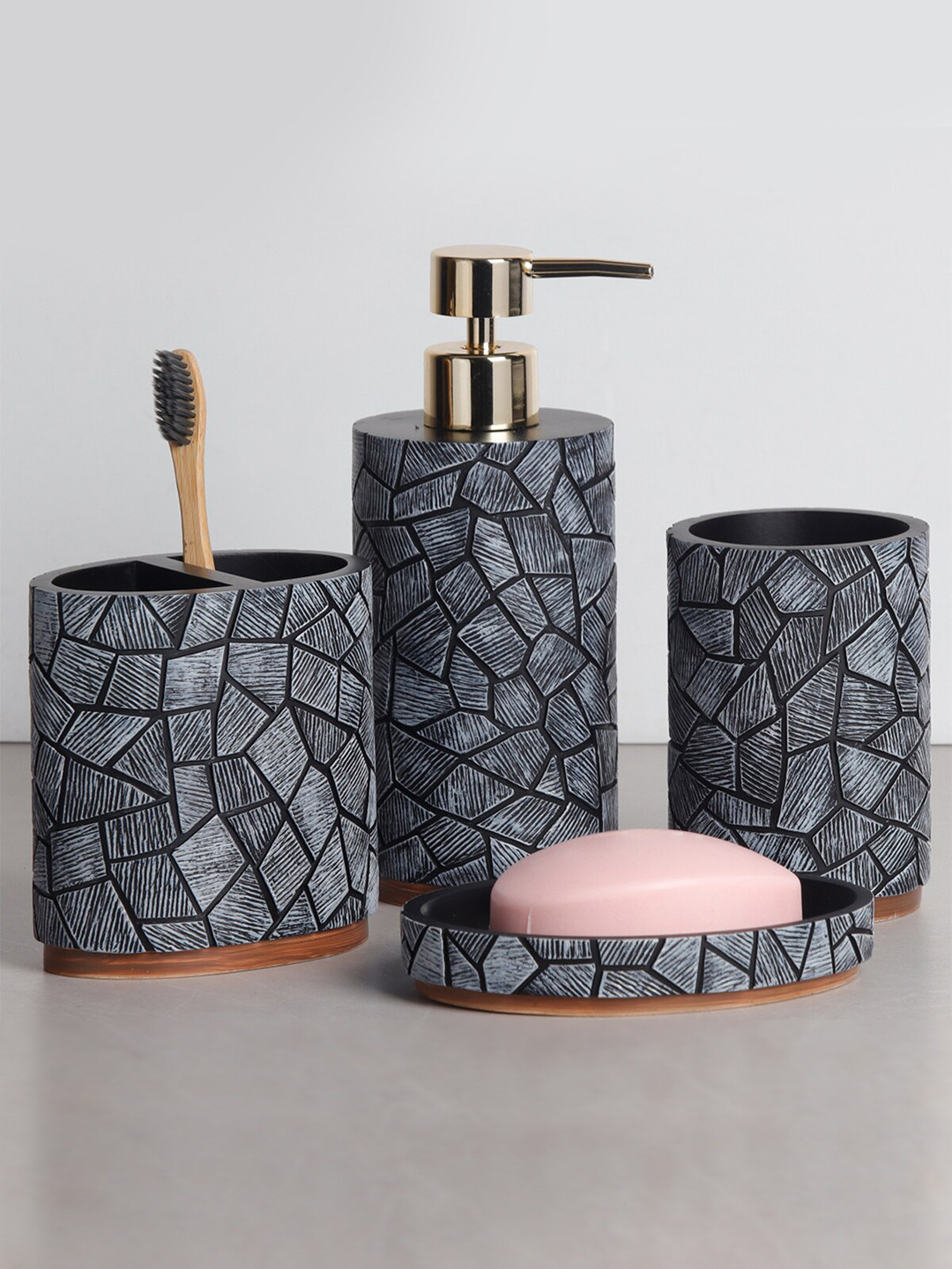 Obsessions Pack of 4 Charcoal Textured Polyresin Bathroom Set
