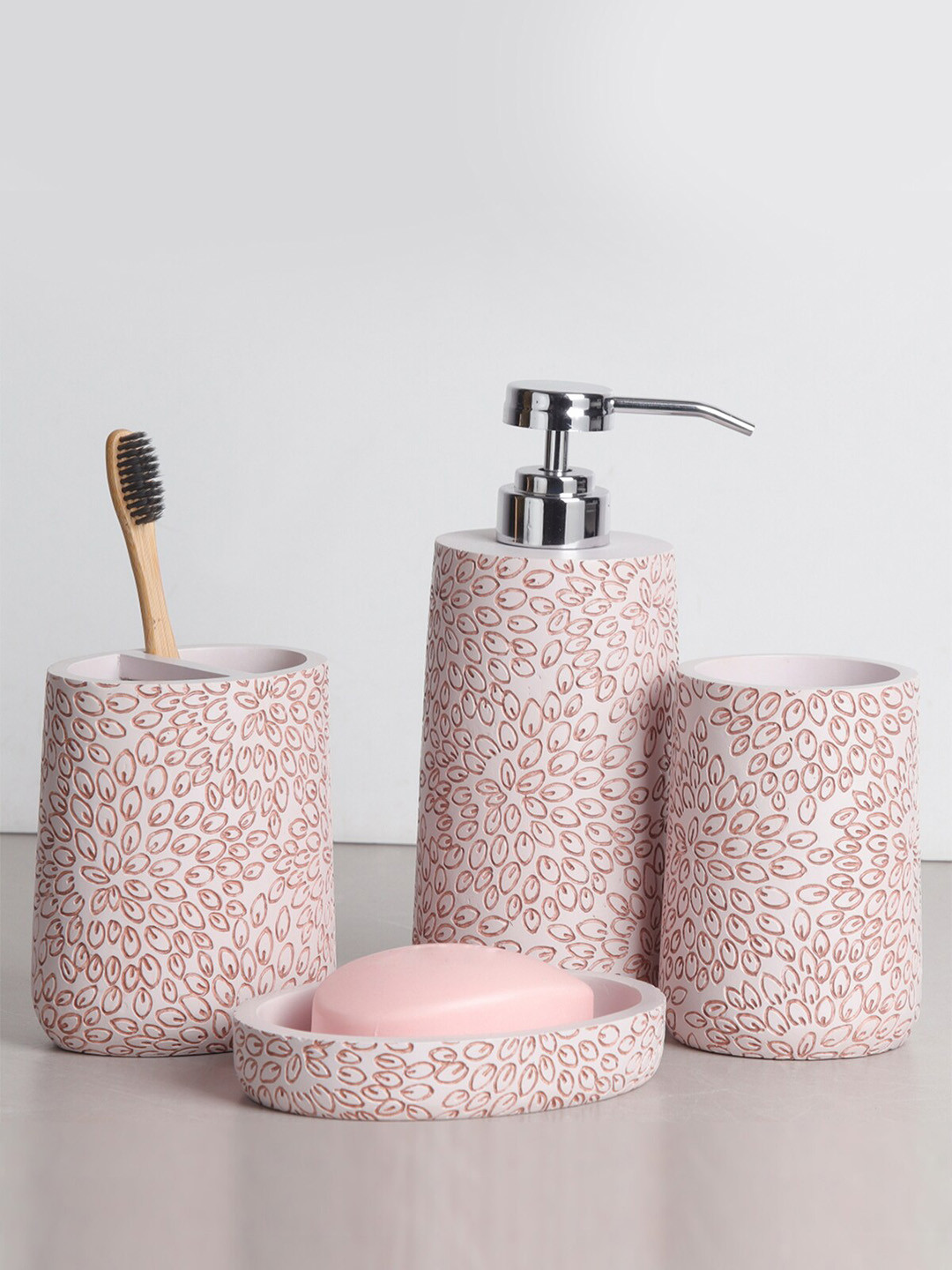 Obsessions Set of 4 Pink & White Polyresin Bathroom Set