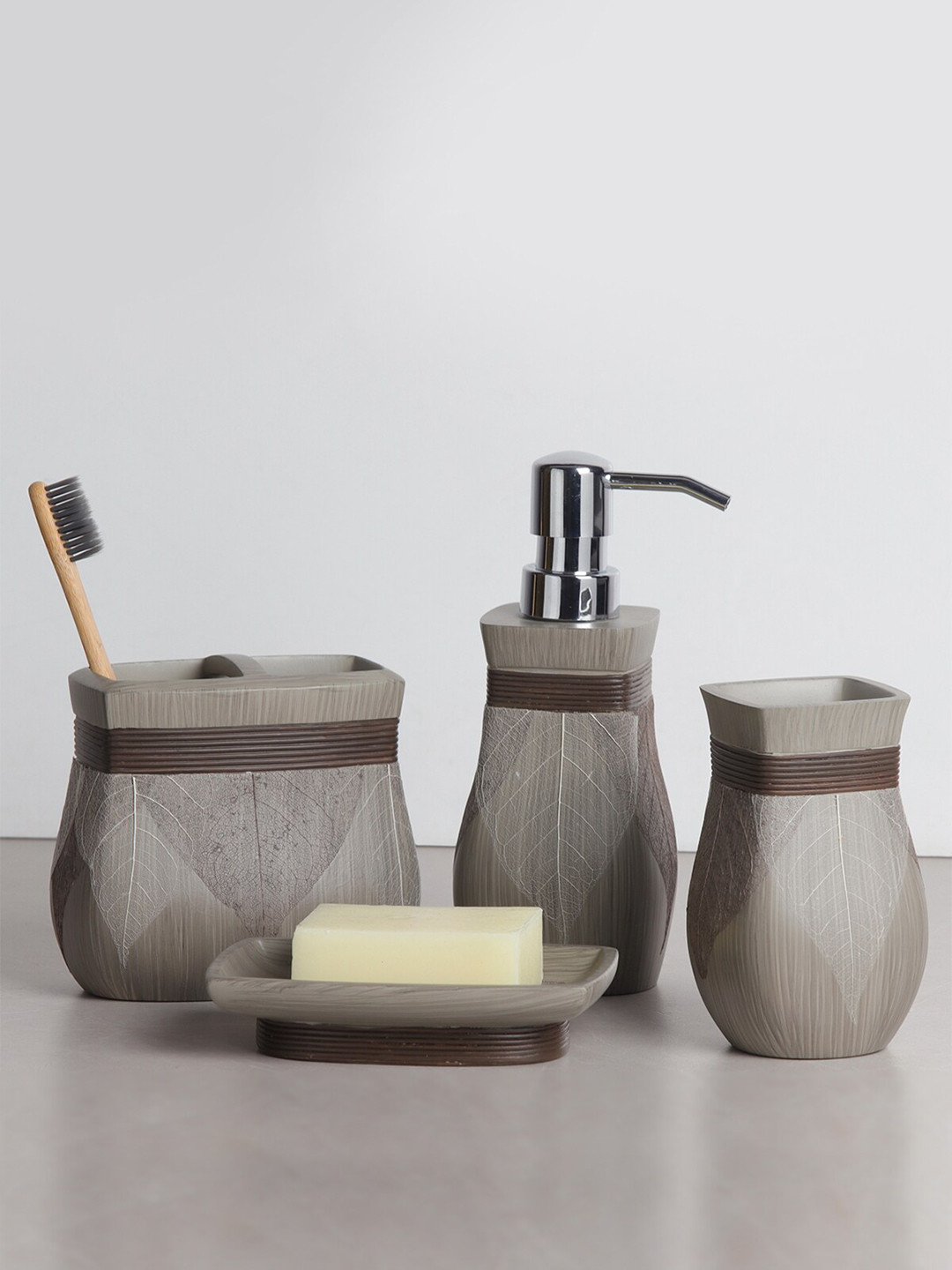 OBSESSIONS Grey & Brown Floral Matte Bathroom Set- 4 Pieces