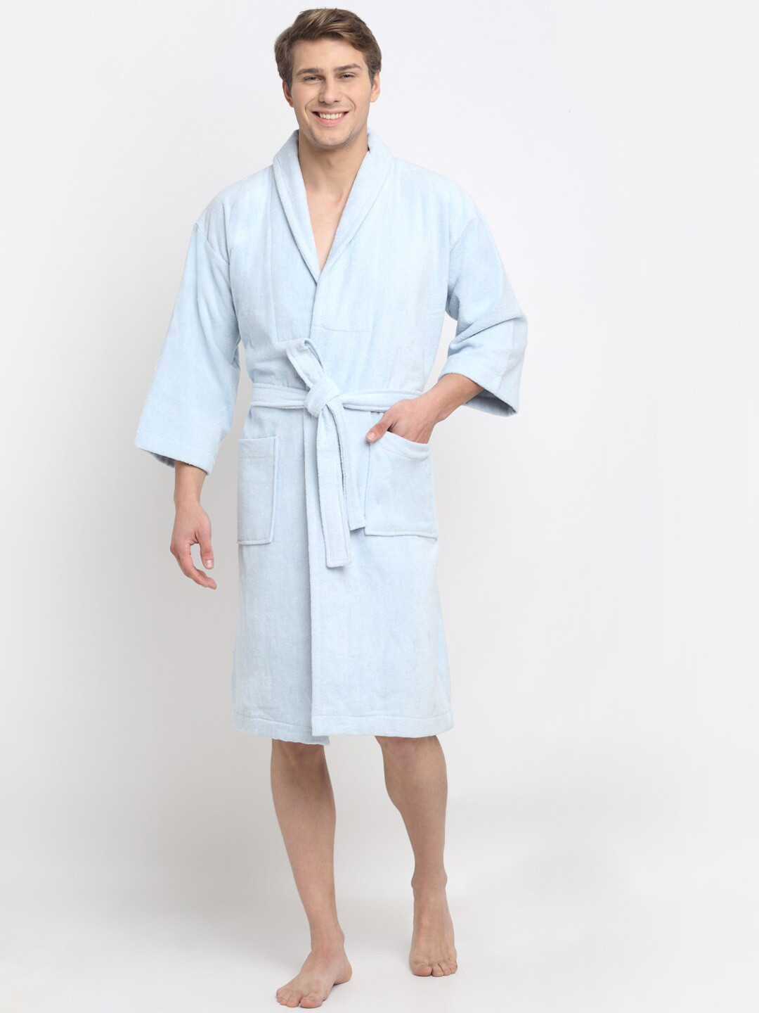 Creeva Luxury Blue Solid Cotton Drawstring Knee Length Bath Robe-L