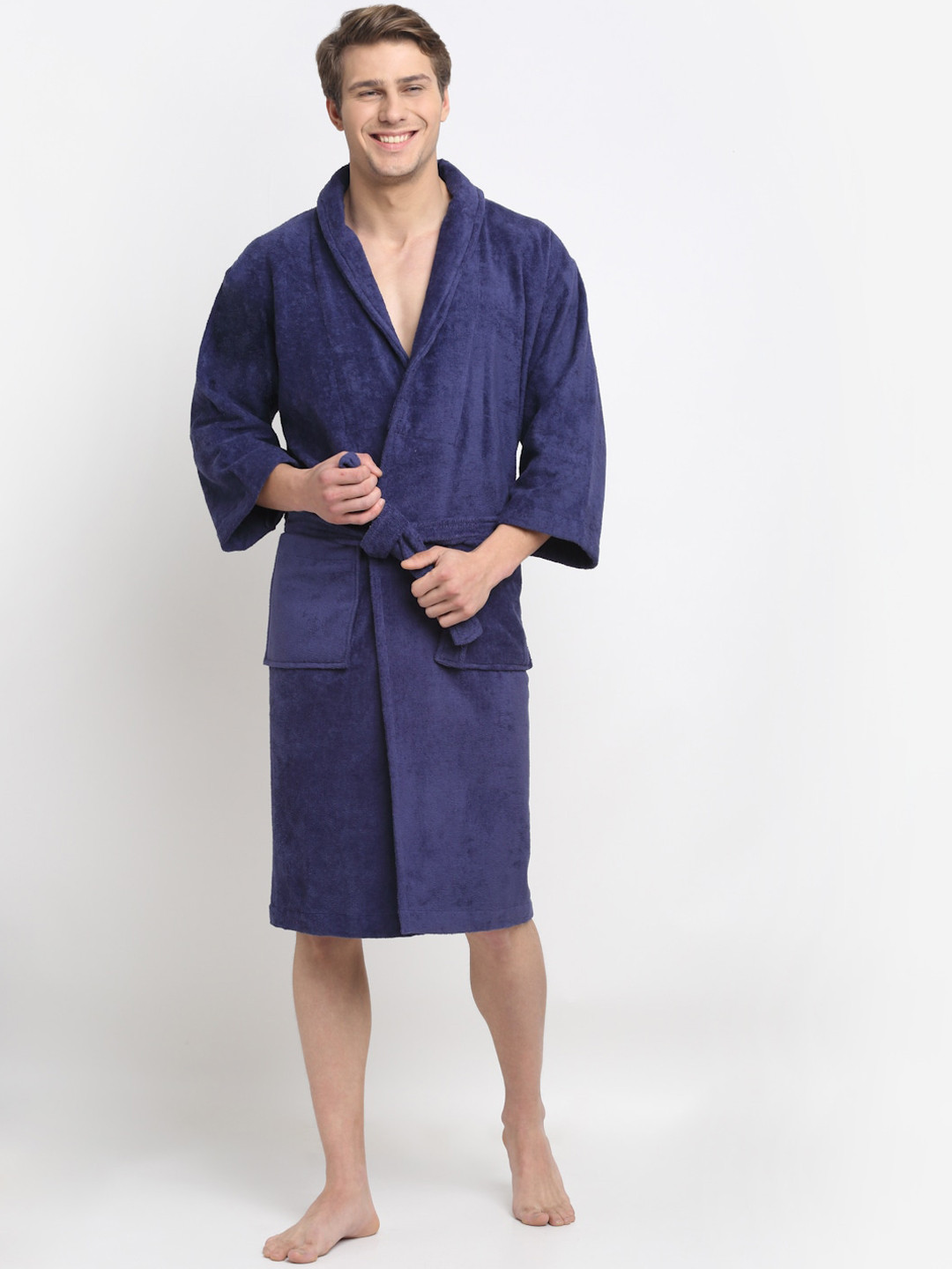 Creeva Luxury Navy Blue Solid Cotton Drawstring Knee Length Bath Robe-L