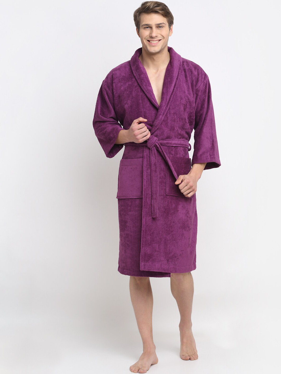 Creeva Luxury Purple Solid Cotton Drawstring Knee Length Bath Robe-L