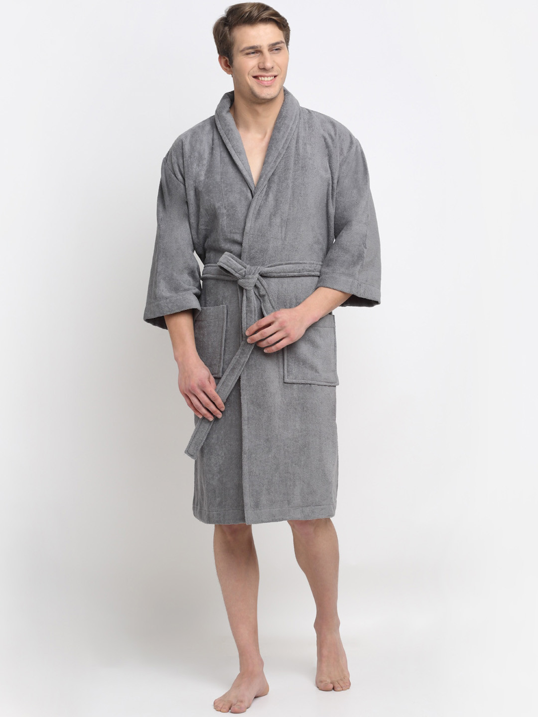 Creeva Luxury Grey Solid Cotton Drawstring Knee Length Bath Robe-L
