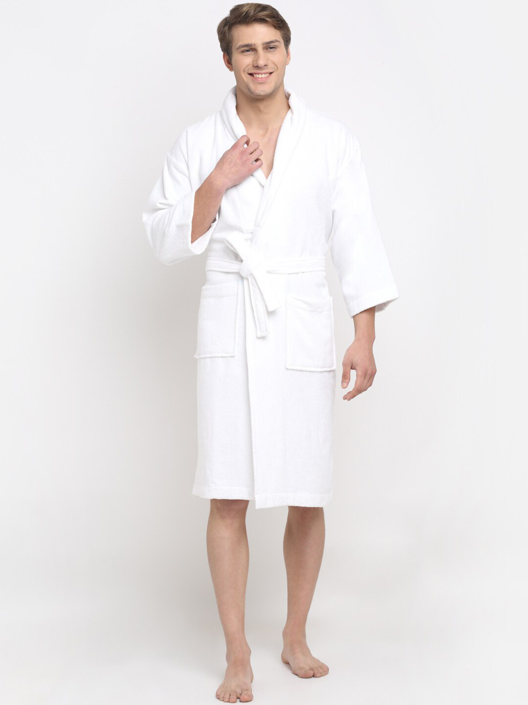 Creeva Luxury White Solid Cotton Drawstring Knee Length Bath Robe-L