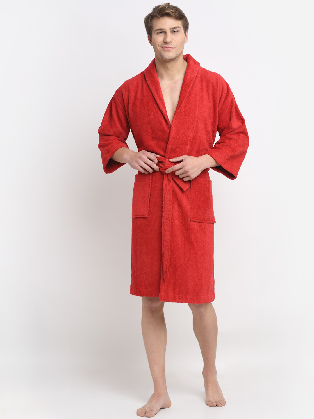 Creeva Unisex Red Solid Bathrobe With Pockets