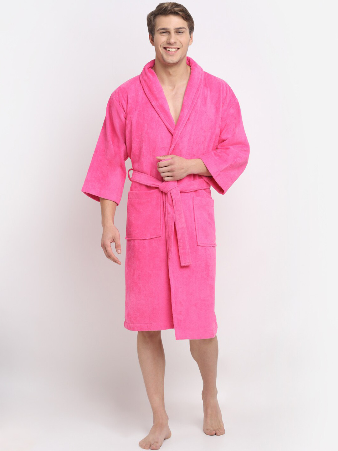 Creeva Luxury Pink Solid Cotton Drawstring Knee Length Bath Robe-L