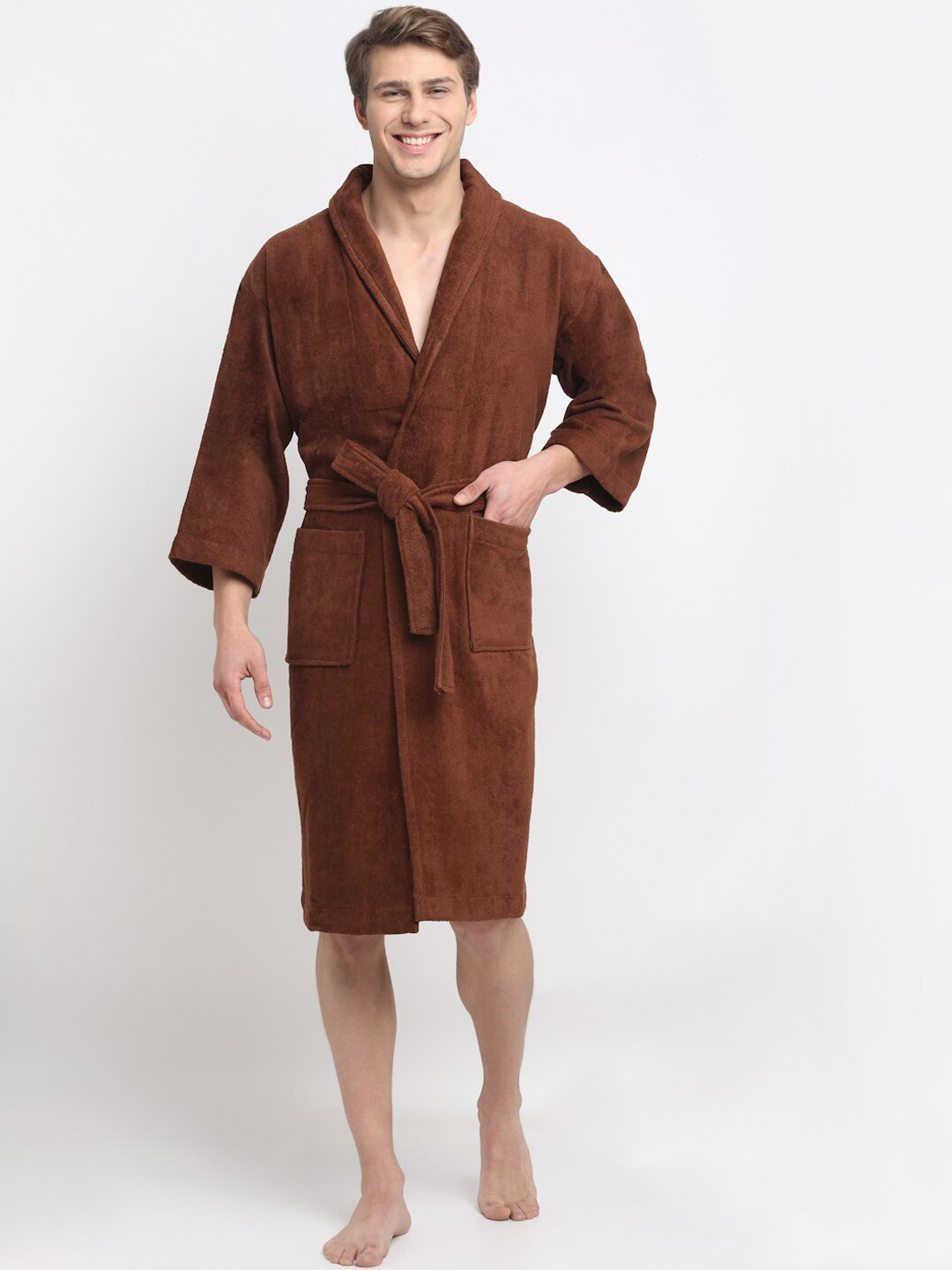 Creeva Luxury Brown Solid Cotton Drawstring Knee Length Bath Robe-L