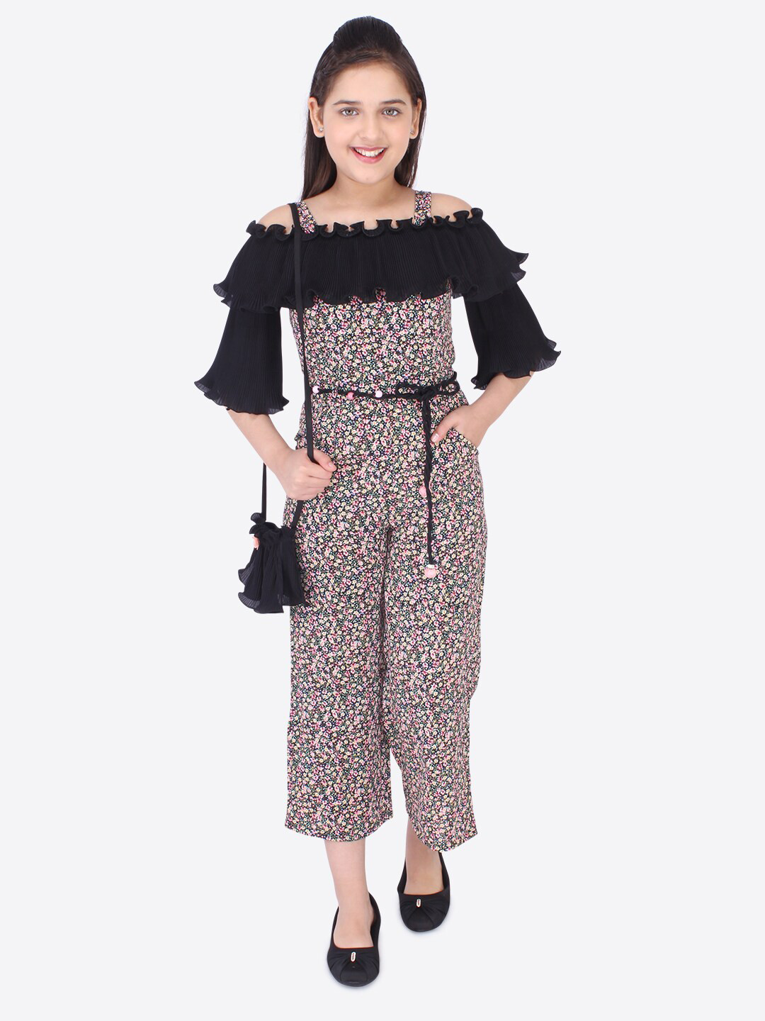 CUTECUMBER Girls Black & Pink Printed Basic Jumpsuit