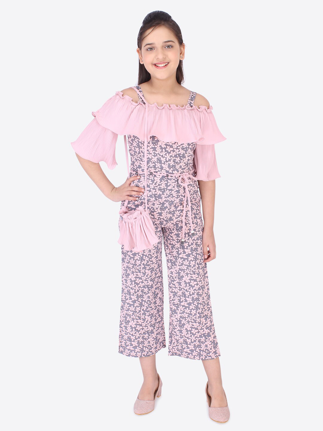 CUTECUMBER Girls Pink & Grey Floral Printed Culotte Jumpsuit