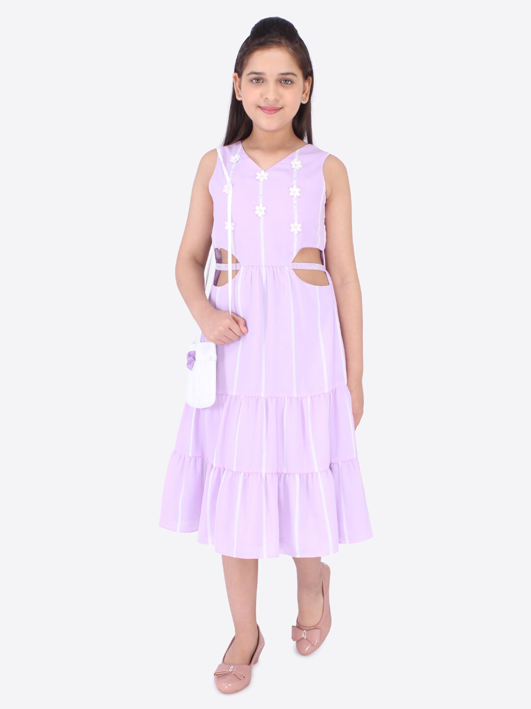 CUTECUMBER Purple Striped Georgette A-Line Midi Dress With Sling Bag