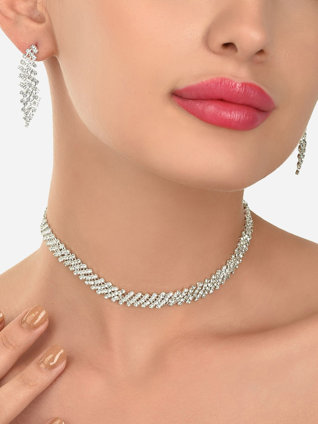 Zaveri Pearls Silver Toned Dazzling Austrian Diamonds Jewellery Set