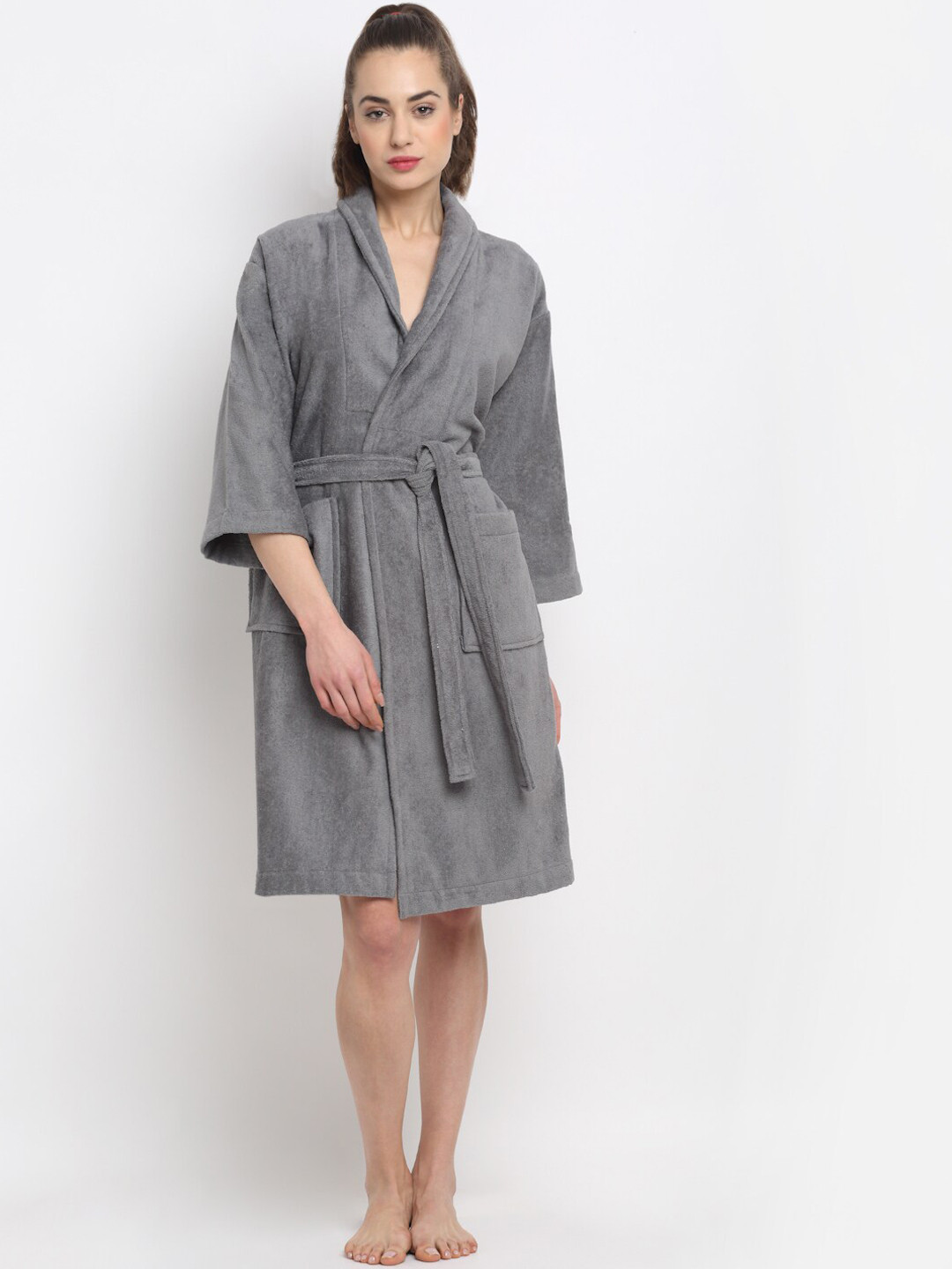 Creeva Luxury Grey Solid Cotton Drawstring Knee Length Bath Robe-M