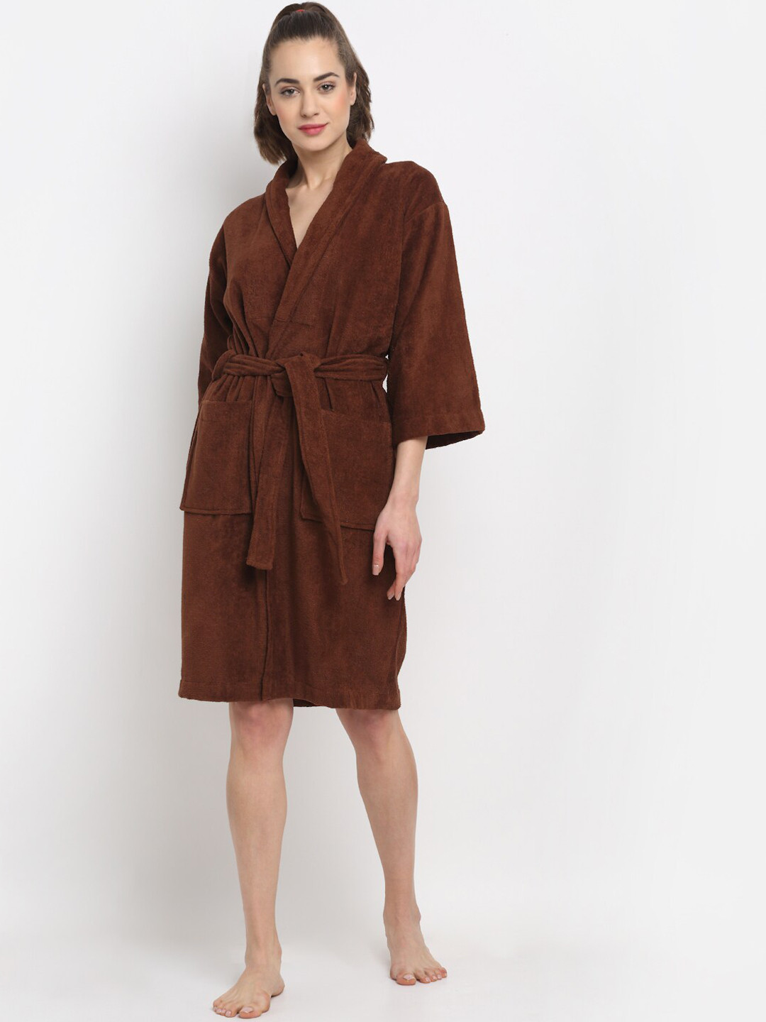 Creeva Luxury Brown Solid Cotton Drawstring Knee Length Bath Robe-M