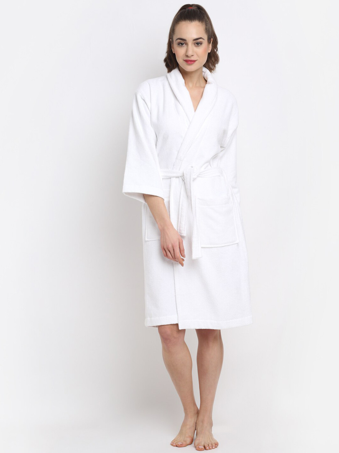 Creeva Luxury White Solid Cotton Drawstring Knee Length Bath Robe-M