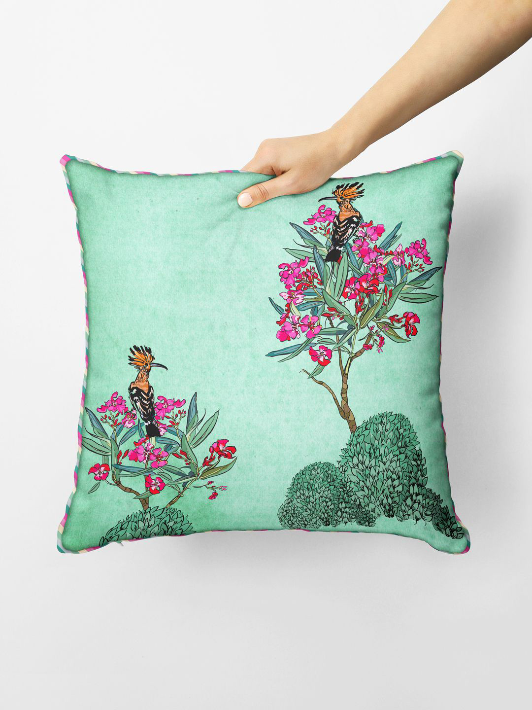 BIANCA Green Floral Silk Anti-Wrinkle Square Cushion Cover -16x16In